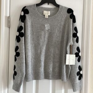 Cynthia Rowley 100% 2-Ply Cashmere Luxury Gray/Black Flowers Long Slv Sweater XL